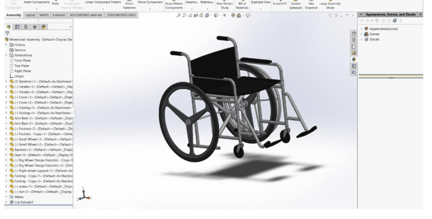 SolidWorks CAD assembly of the foldable one-hand-drive wheelchair concept