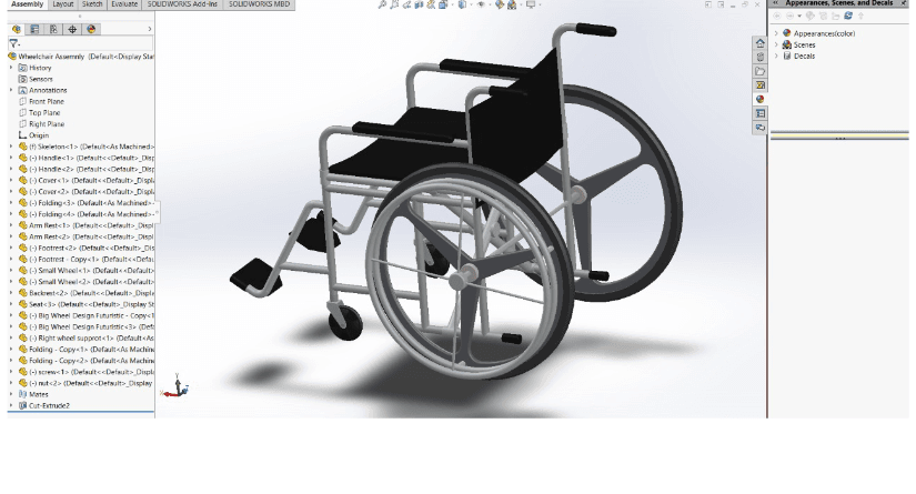 Rear three-quarter SolidWorks CAD model of the wheelchair concept