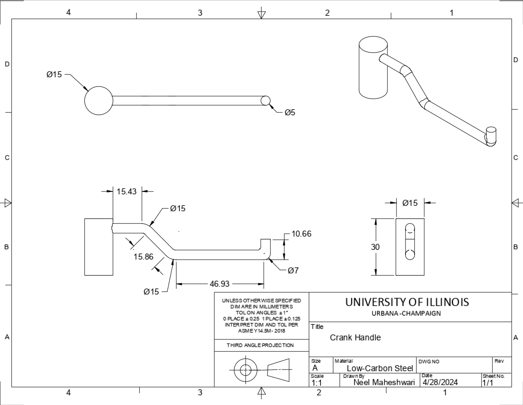 Engineering drawing of the reused low-carbon-steel crank handle