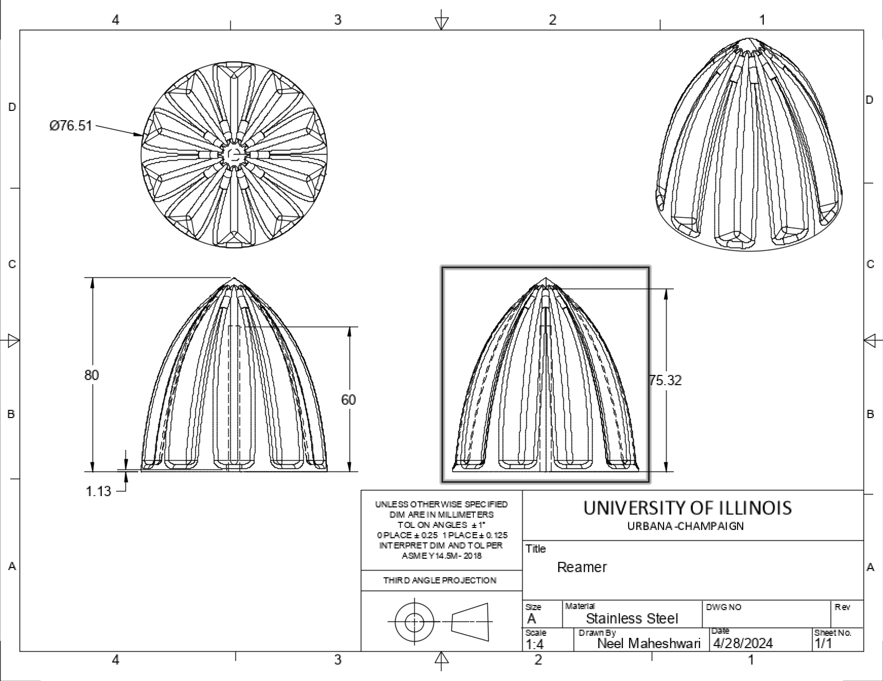 Engineering drawing of the stainless-steel citrus reamer