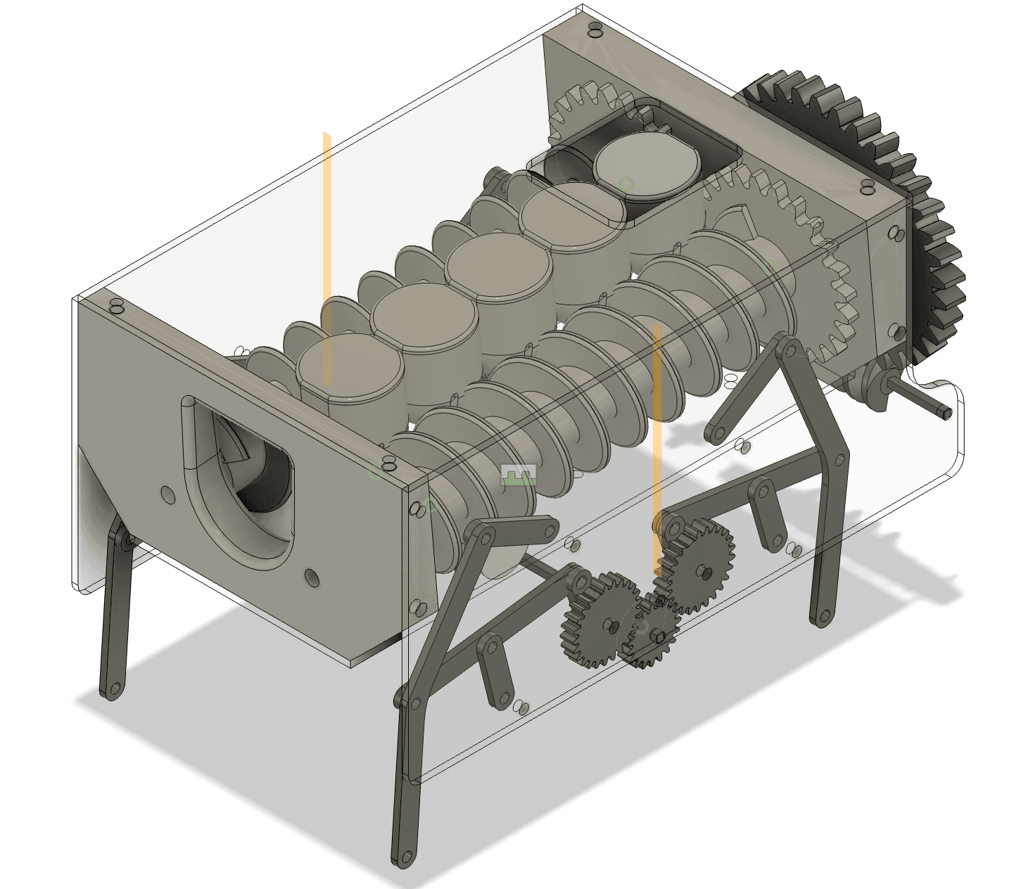 Fusion 360 assembly of ProteinPal showing legs, gears, and twin augers