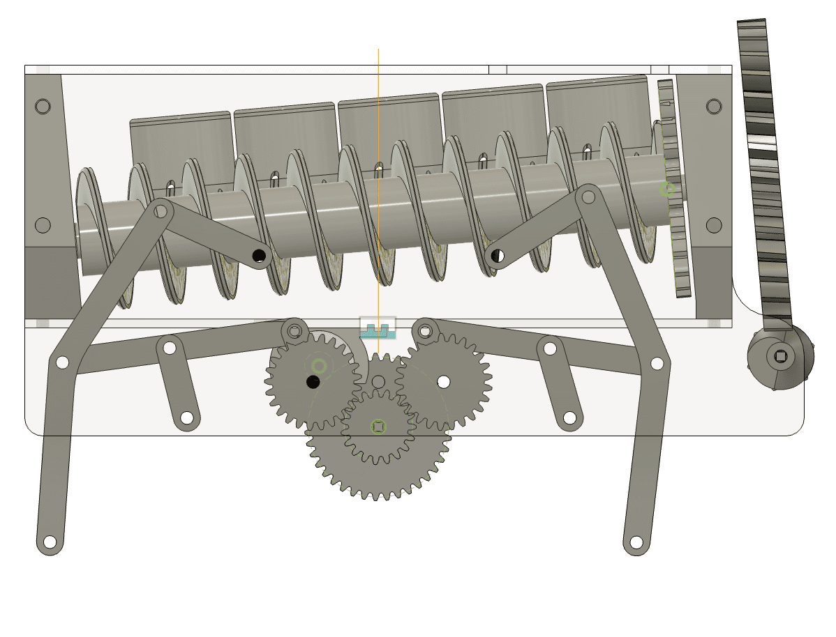 Side CAD view of ProteinPal's auger dispenser and leg gear train
