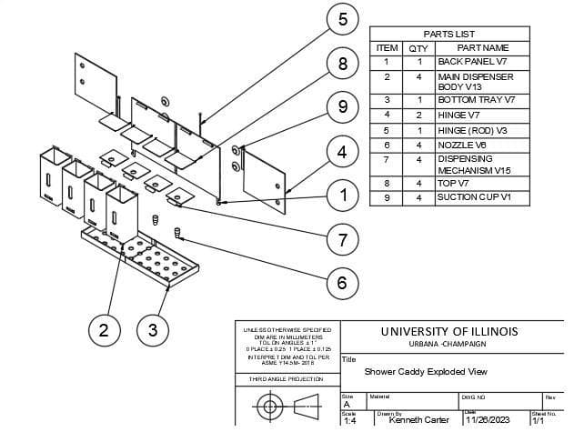 SuperCaddy exploded engineering drawing with bill of materials