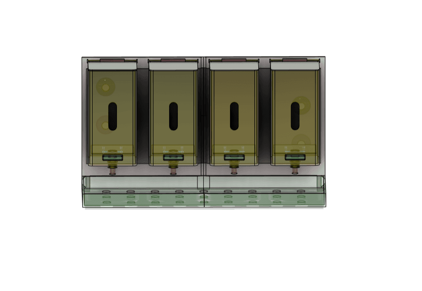 Front CAD view showing four SuperCaddy dispensers and drainage tray