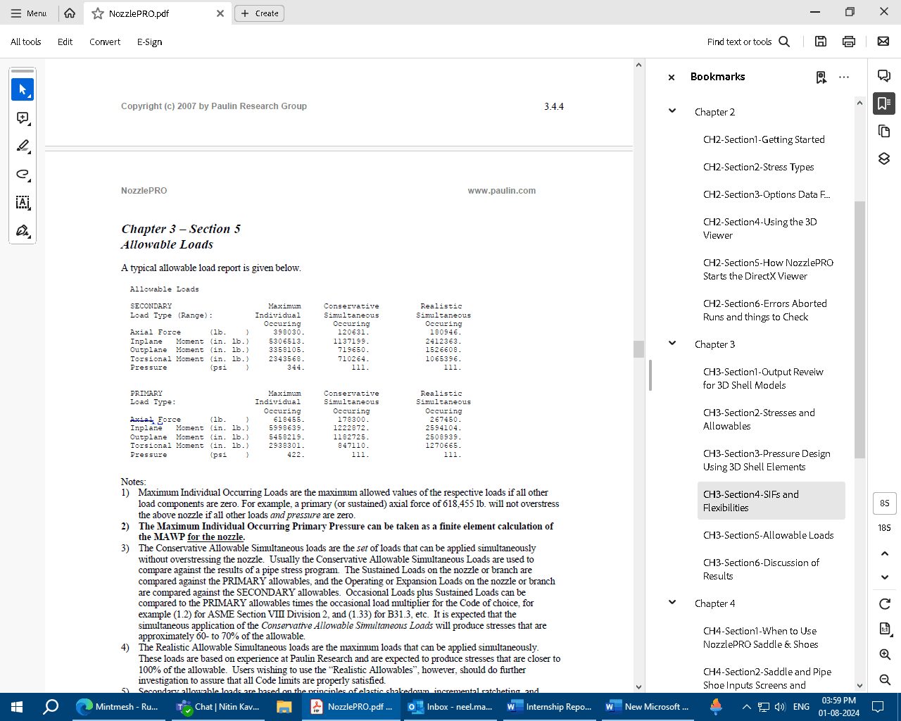 NozzlePRO documentation used while reviewing stress intensification and flexibility factors
